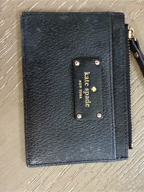 kate spade Black Leather Card Zip Wallet with Gold Logo Plate
